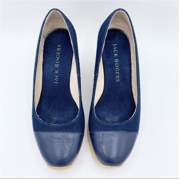 Jack Rogers Palmer Blue Closed Cap Toe Fabric/Leather Wedge Espadrilles Sz 5 - Picture 6 of 12